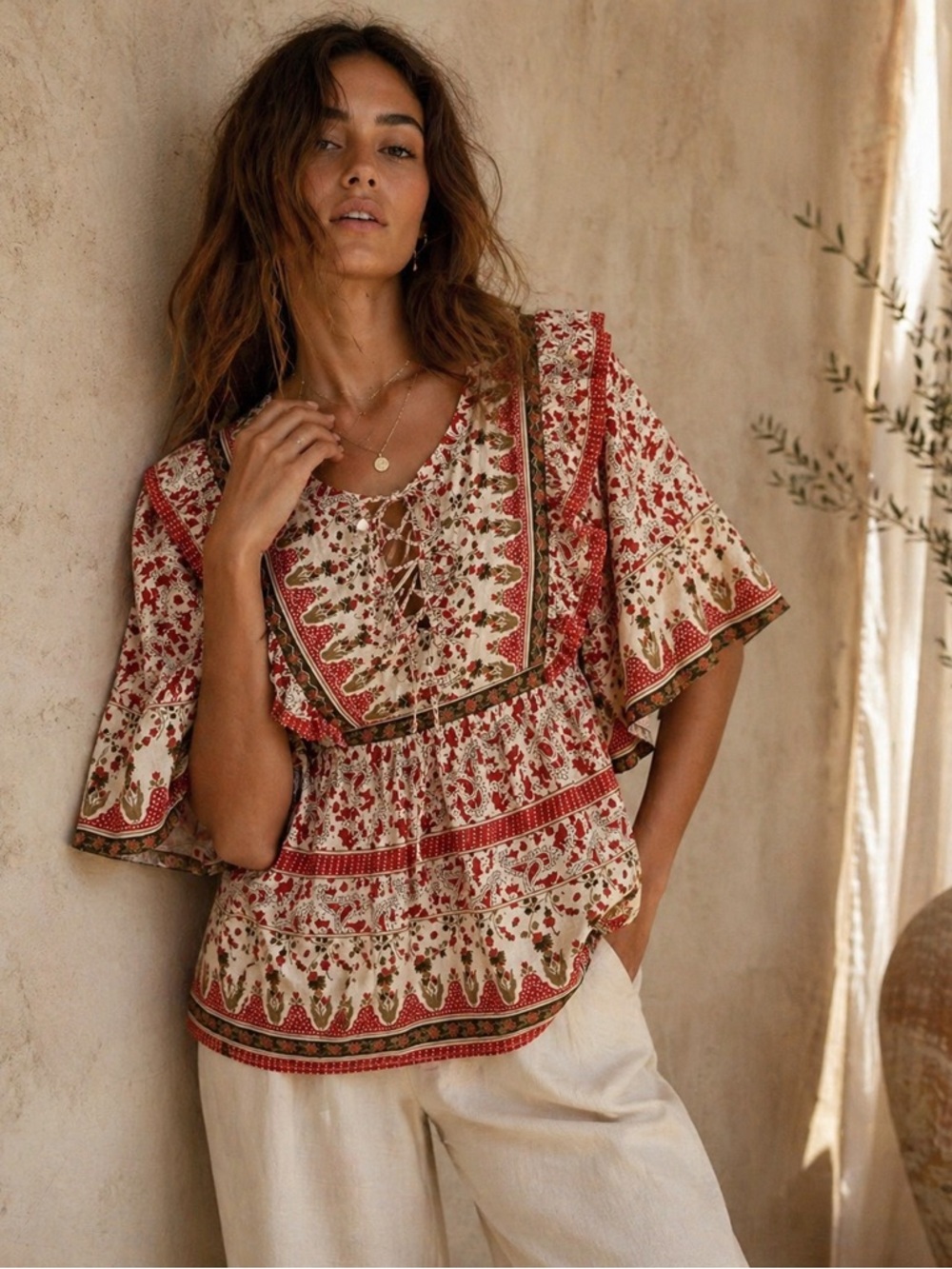 Bailey 44 Boho Cotton Blouse Paisley Print Puff Sleeve Lace-Up Peasant Top Sz M